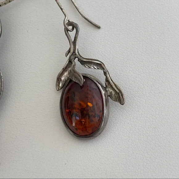 Vintage Sterling silver 925 Baltic Amber necklace pendant pin earrings brooch - Picture 9 of 16
